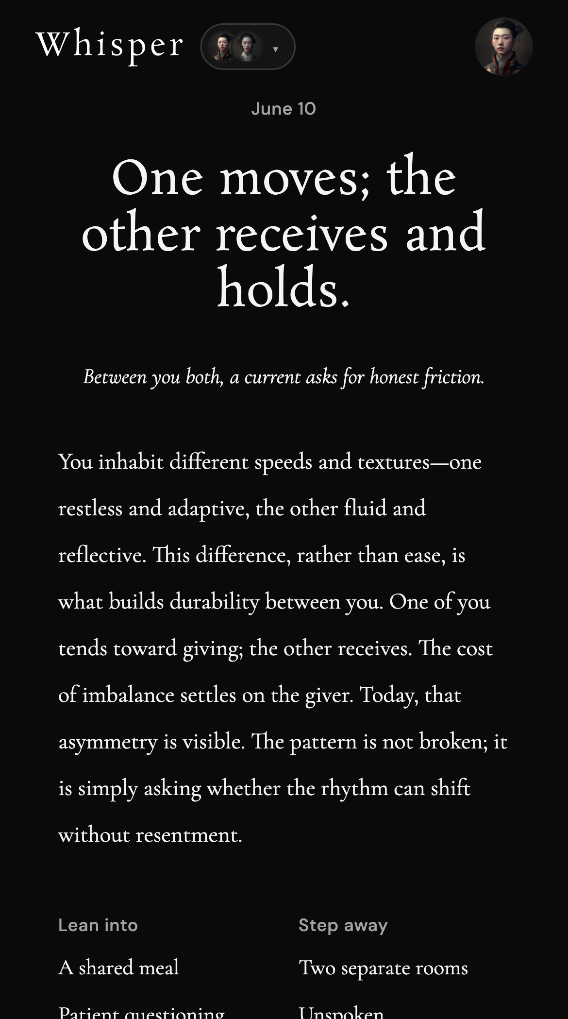 Orbits screen showing a daily relationship reflection between two people