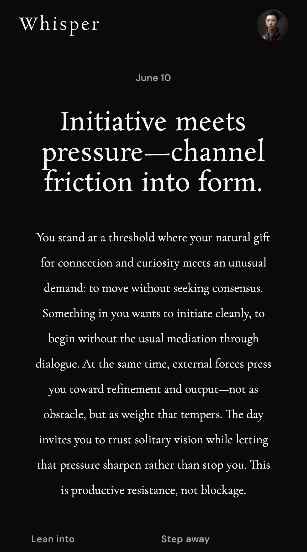 Whisper daily message screen showing a morning reflection